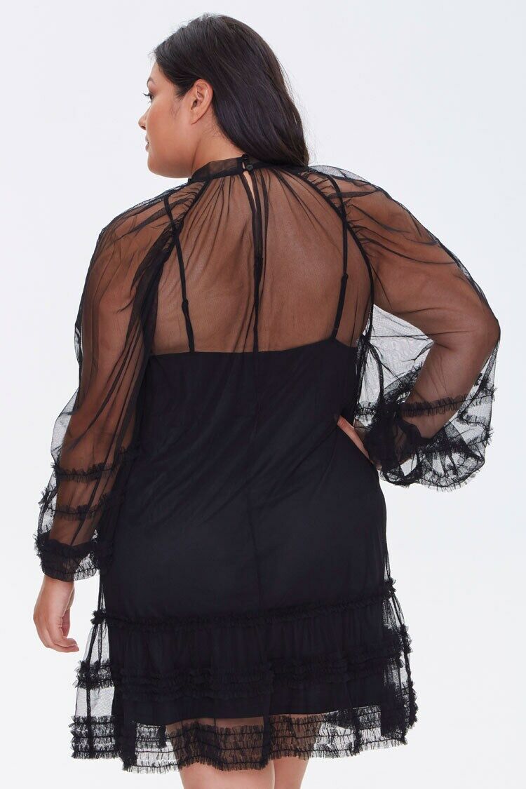 Plus Size Ruffled Mesh Mini Dress