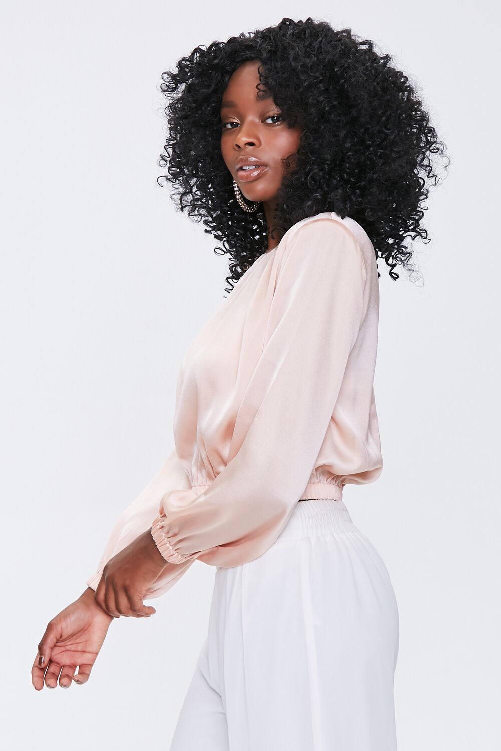 Satin Peasant-Sleeve Top