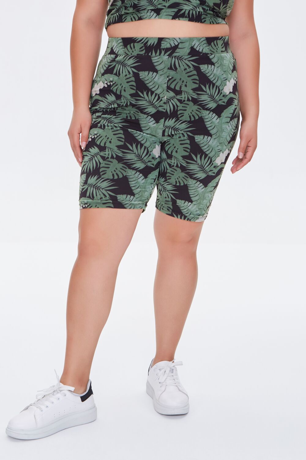 Plus Size Tropical Leaf Biker Shorts
