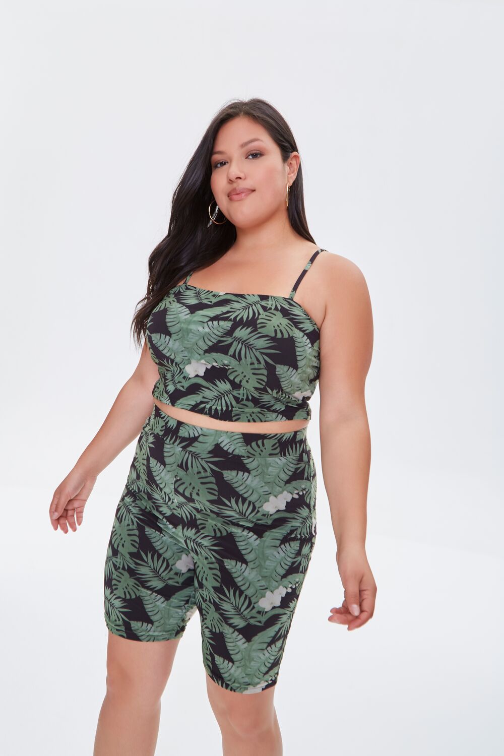 Plus Size Tropical Leaf Biker Shorts