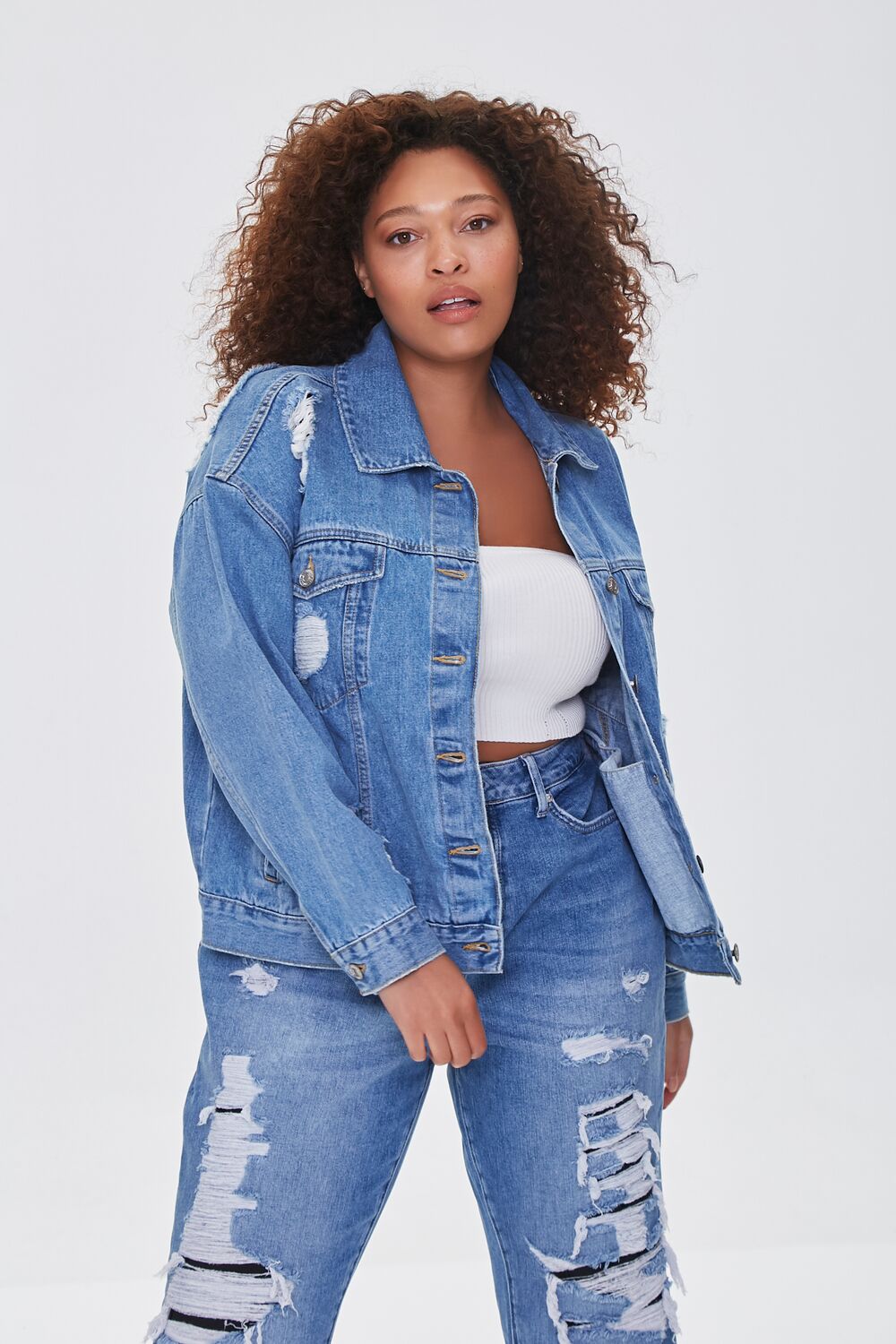 Plus Size Distressed Denim Jacket