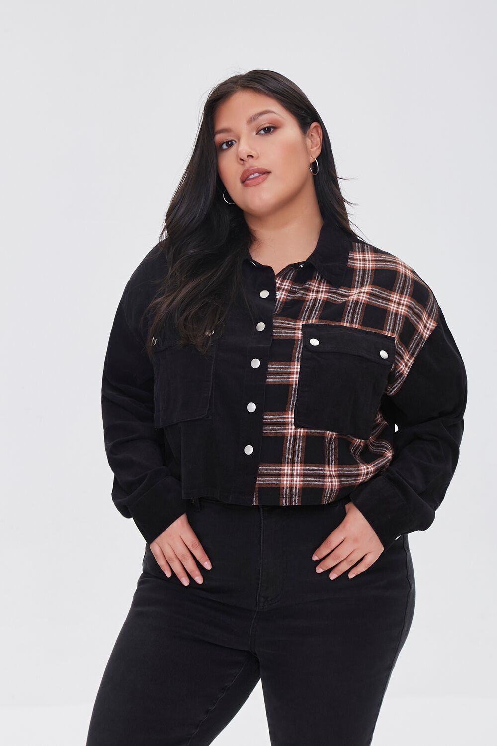 Plus Size Cropped Corduroy Plaid Shirt