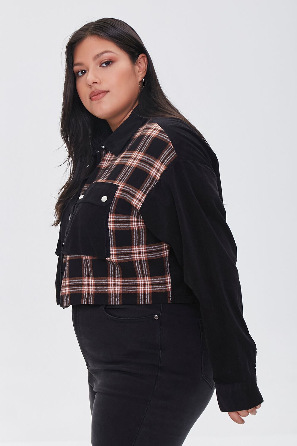 Plus Size Cropped Corduroy Plaid Shirt