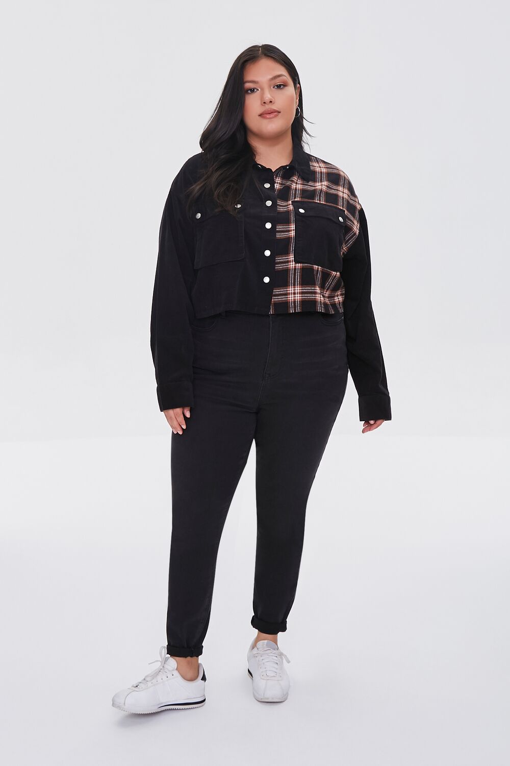Plus Size Cropped Corduroy Plaid Shirt