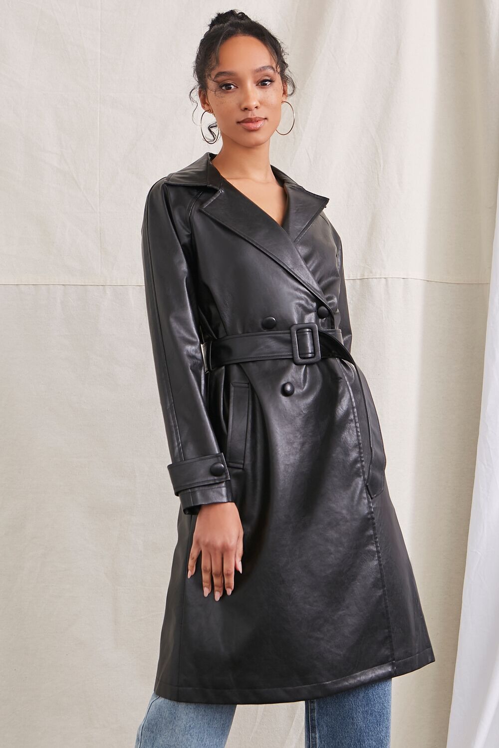 Faux Leather Double-Breasted Trench Coat