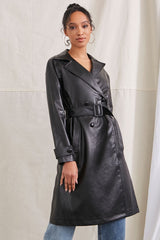 Faux Leather Double-Breasted Trench Coat