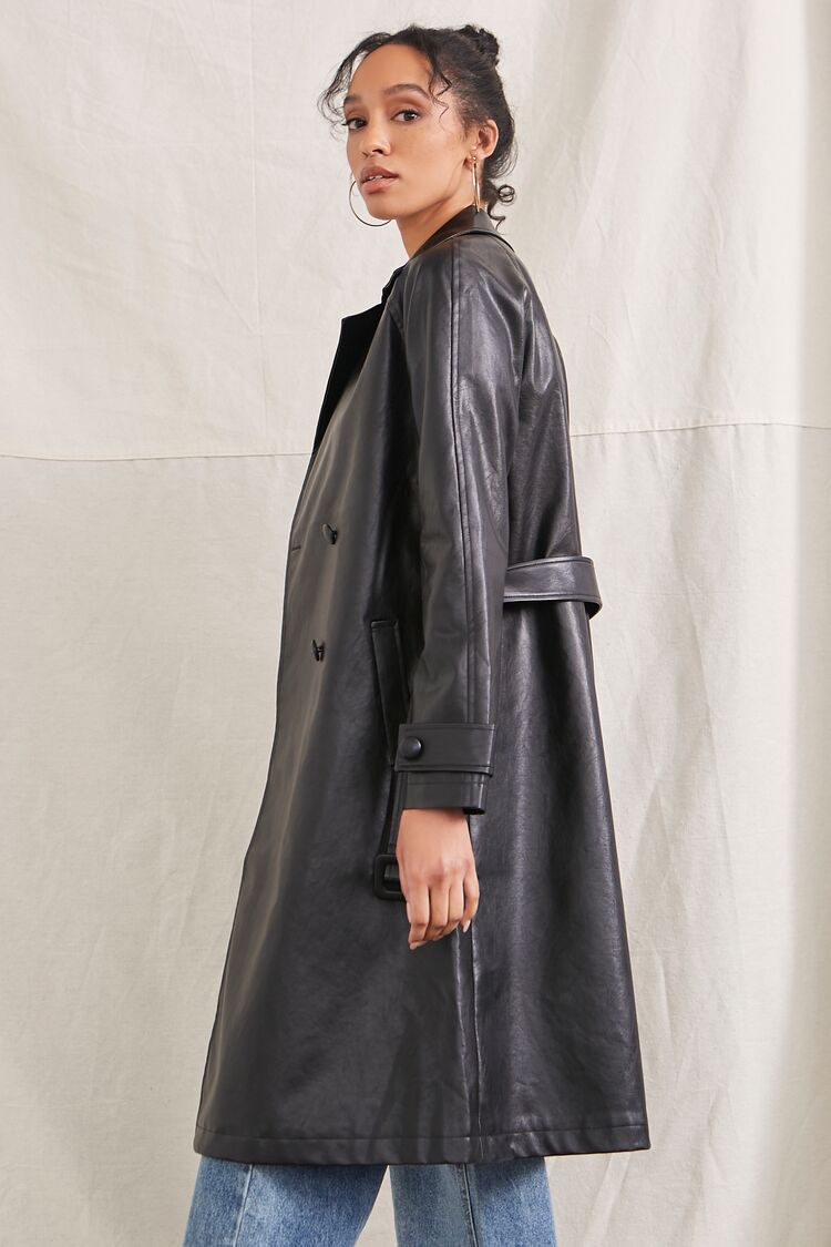 Faux Leather Double-Breasted Trench Coat