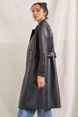 Faux Leather Double-Breasted Trench Coat