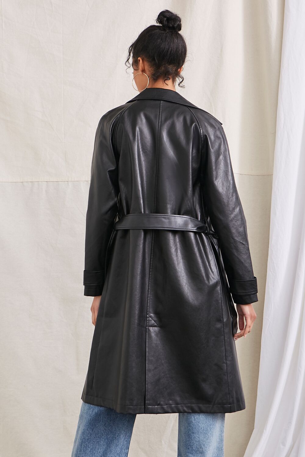 Faux Leather Double-Breasted Trench Coat