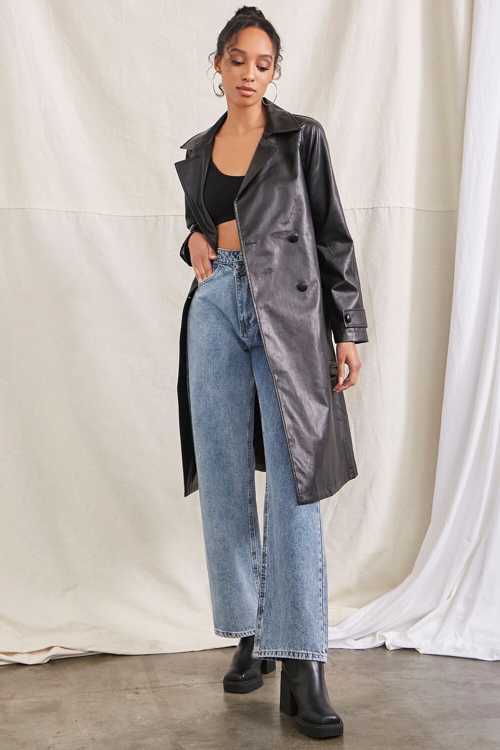 Faux Leather Double-Breasted Trench Coat