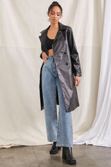 Faux Leather Double-Breasted Trench Coat