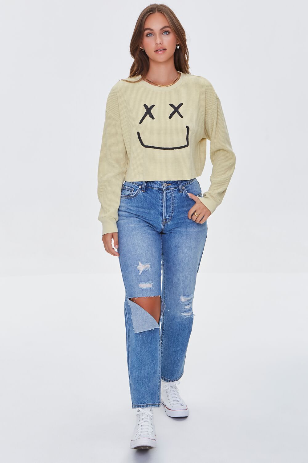 Happy Face Graphic Cropped Tee
