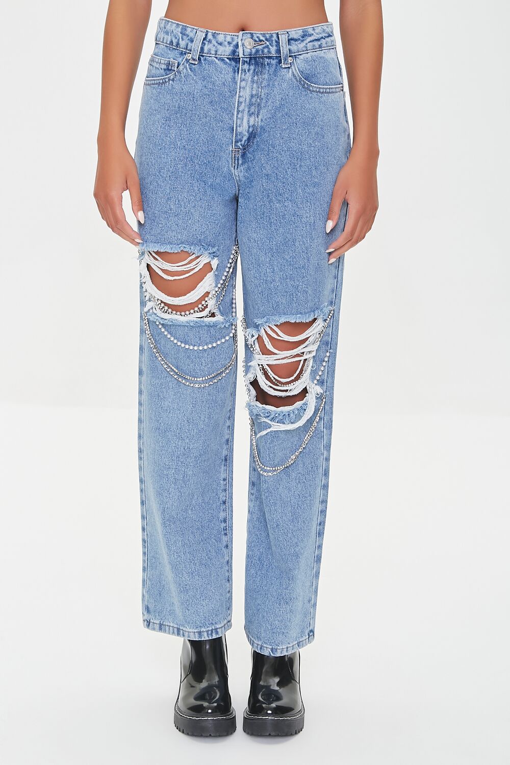 Distressed Chain Straight-Leg Jeans