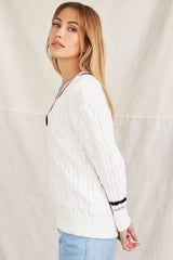 Striped-Trim Cable Knit Sweater