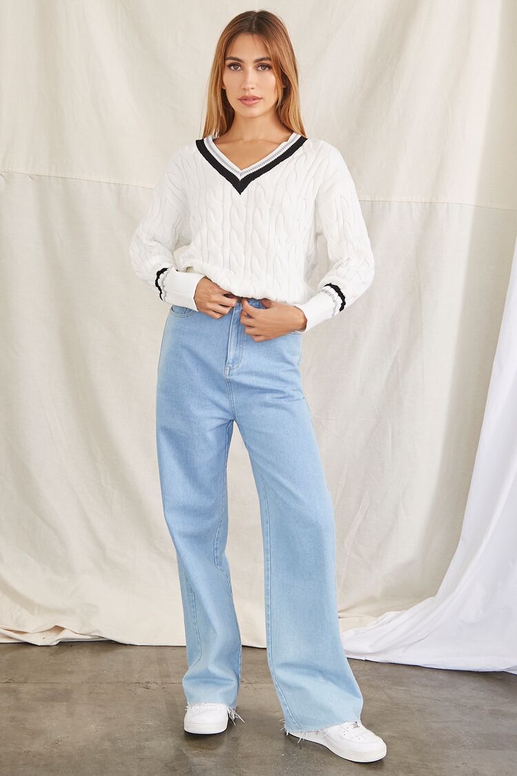 Striped-Trim Cable Knit Sweater