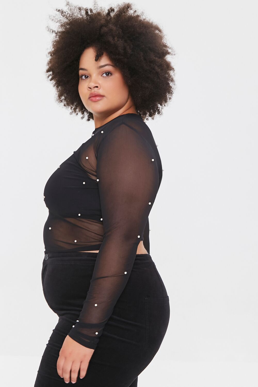 Plus Size Mesh Faux Pearl Top