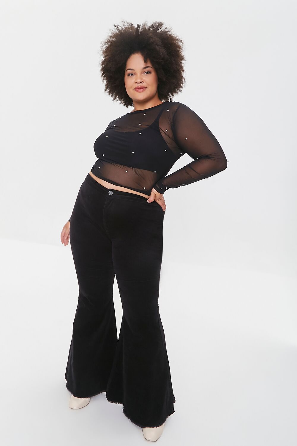 Plus Size Mesh Faux Pearl Top