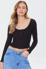 Cropped Rib-Knit Henley