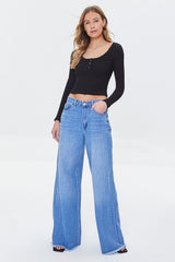 Cropped Rib-Knit Henley