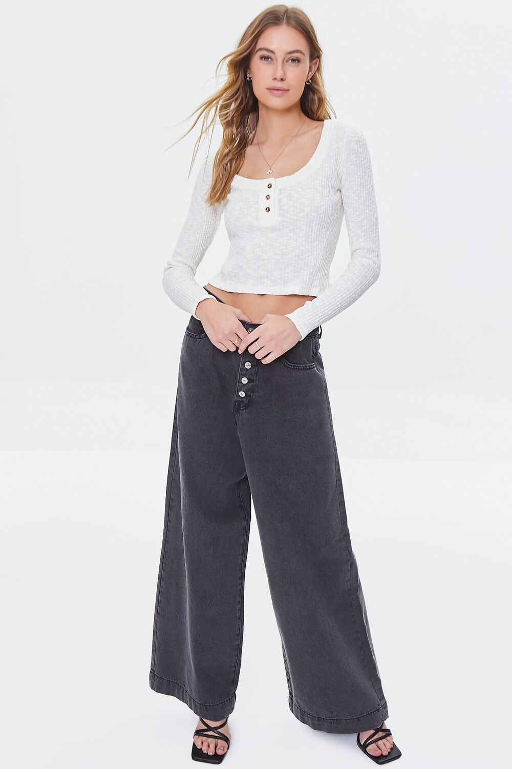 Cropped Rib-Knit Henley