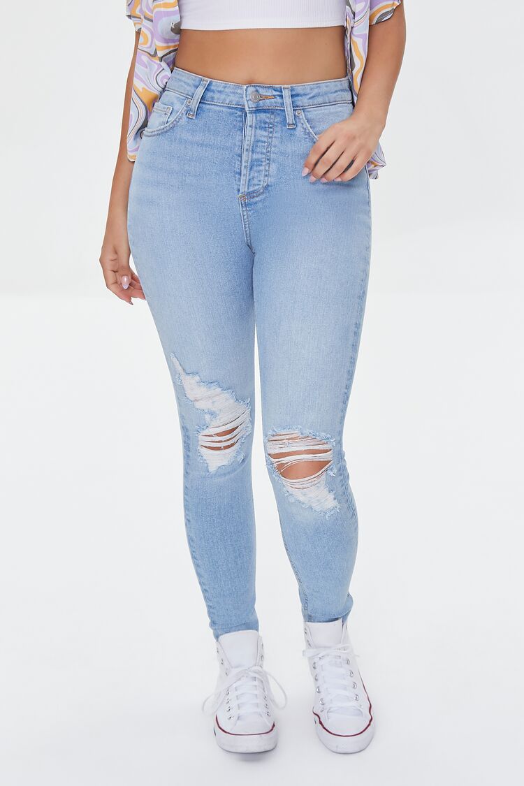 Recycled Cotton Distressed High-Rise Skinny Jeans
