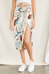 Leaf Print Wraparound Self-Tie Skirt