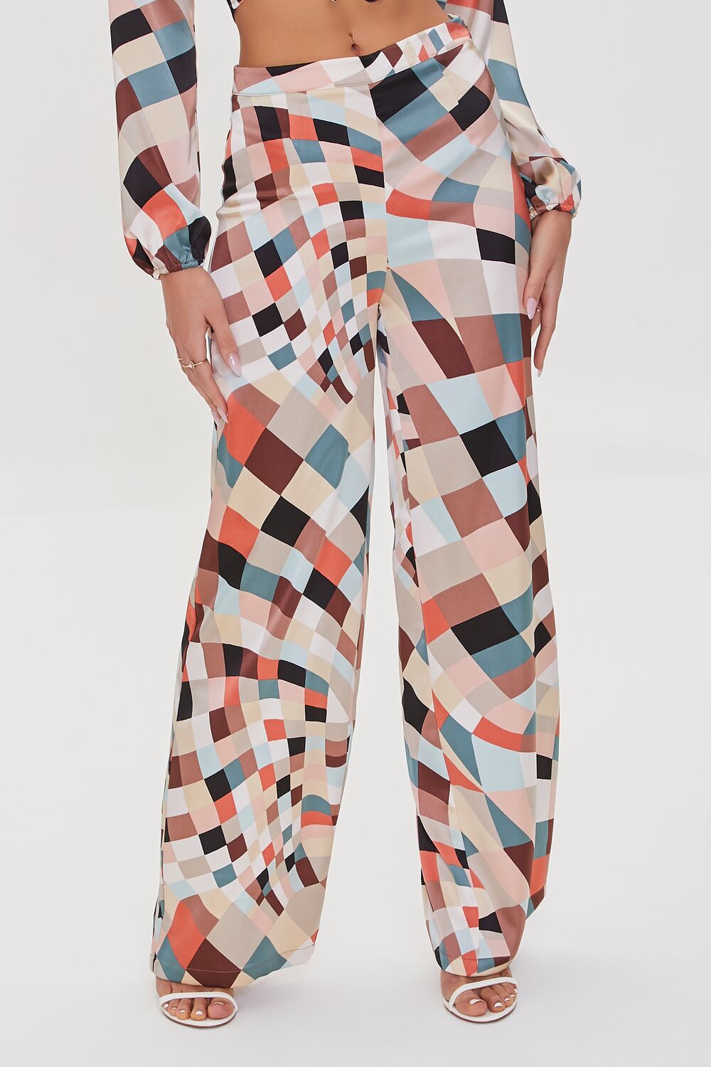 Satin Geo Print Wide-Leg Pants