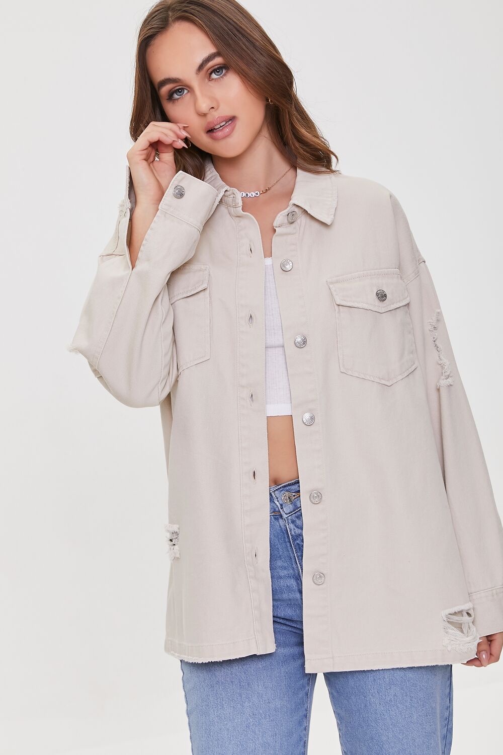 Distressed Twill Shacket