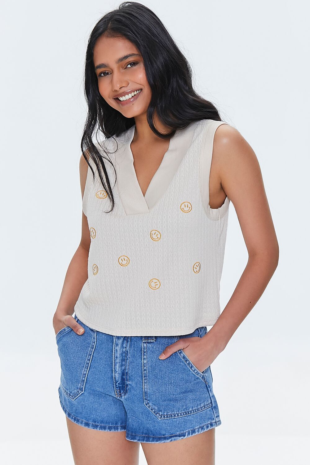 Embroidered Happy Face Tank Top