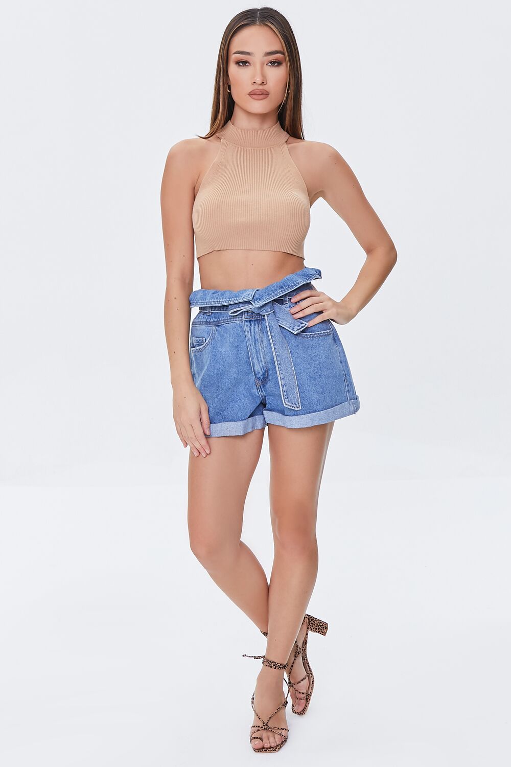 Belted Foldover Denim Shorts