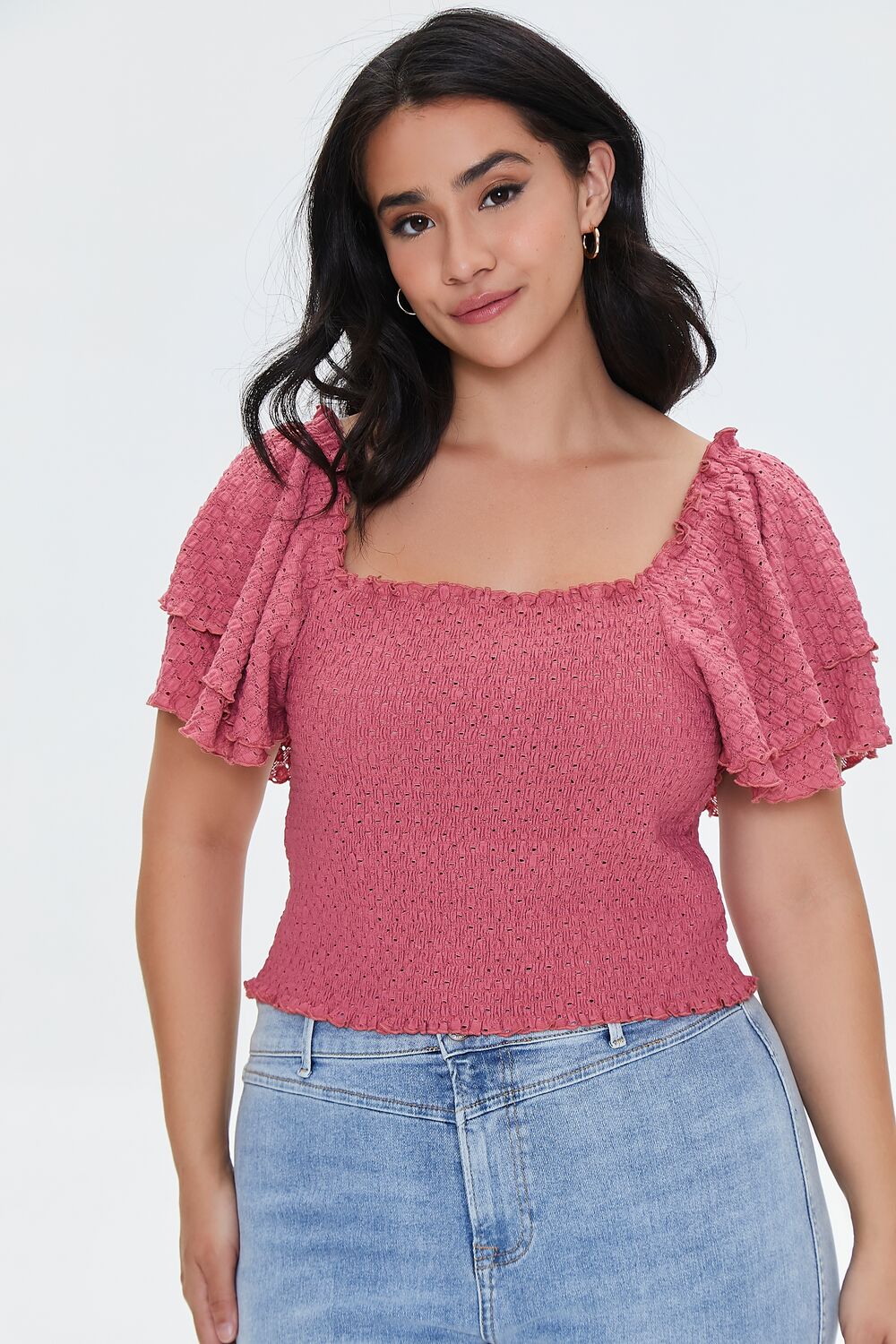 Plus Size Smocked Flounce-Sleeve Top