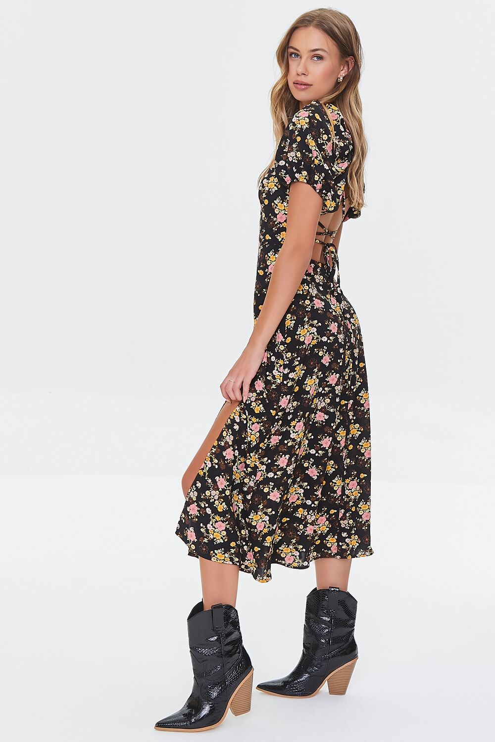 Floral Print Lace-Back Satin Dress