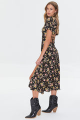 Floral Print Lace-Back Satin Dress