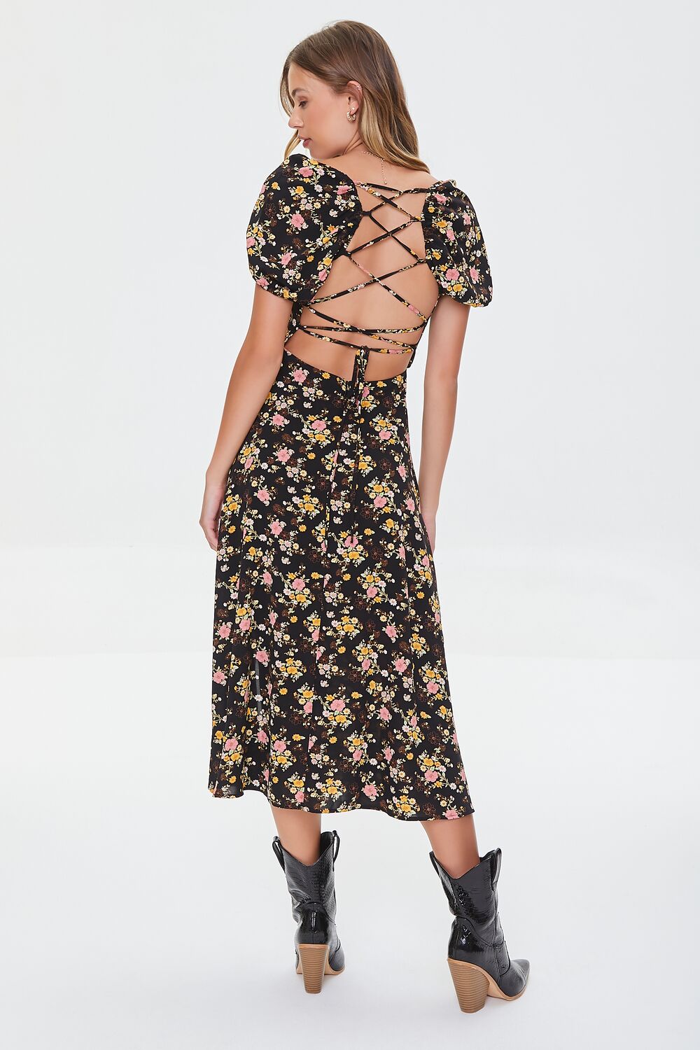Floral Print Lace-Back Satin Dress