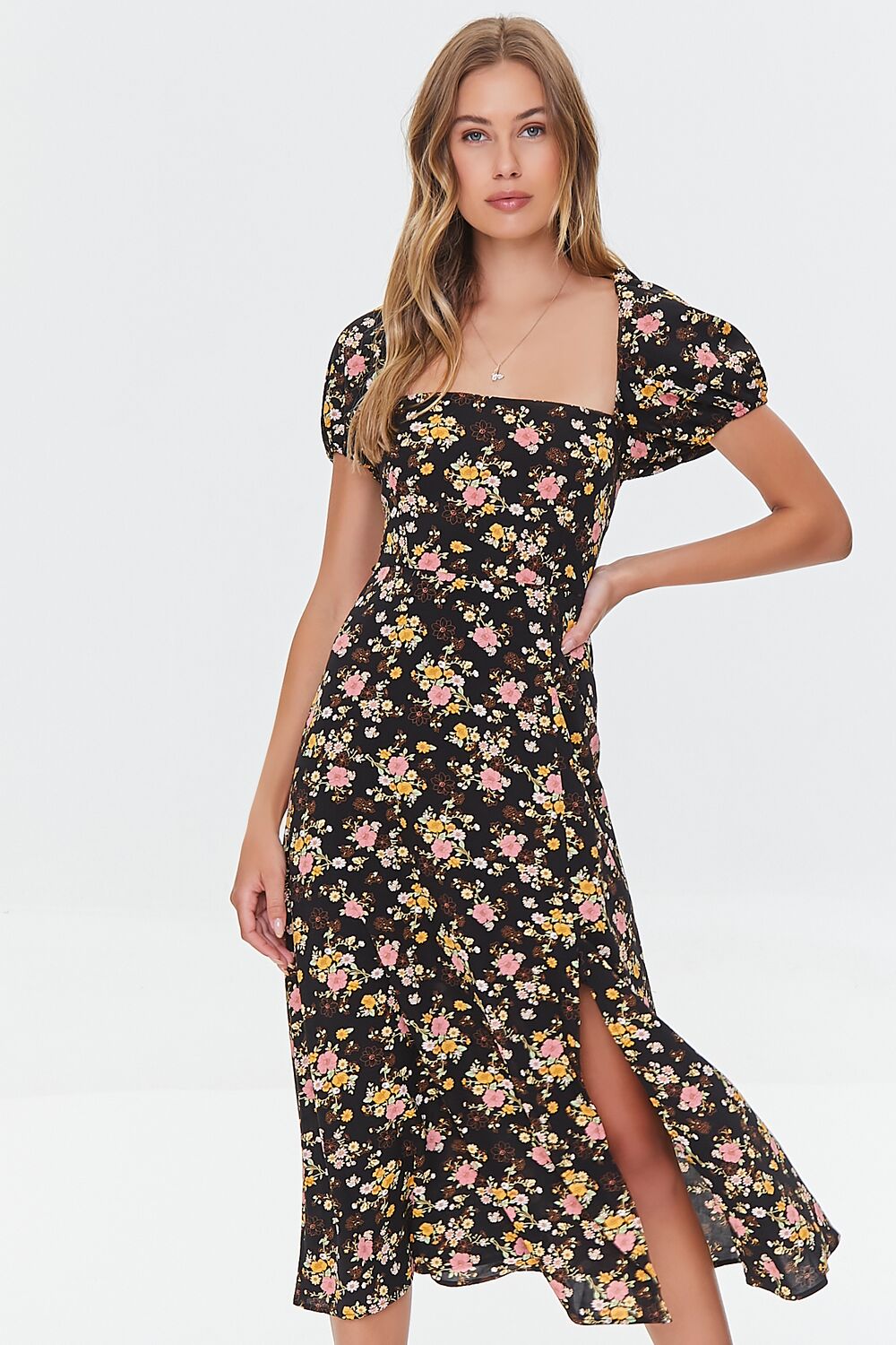 Floral Print Lace-Back Satin Dress