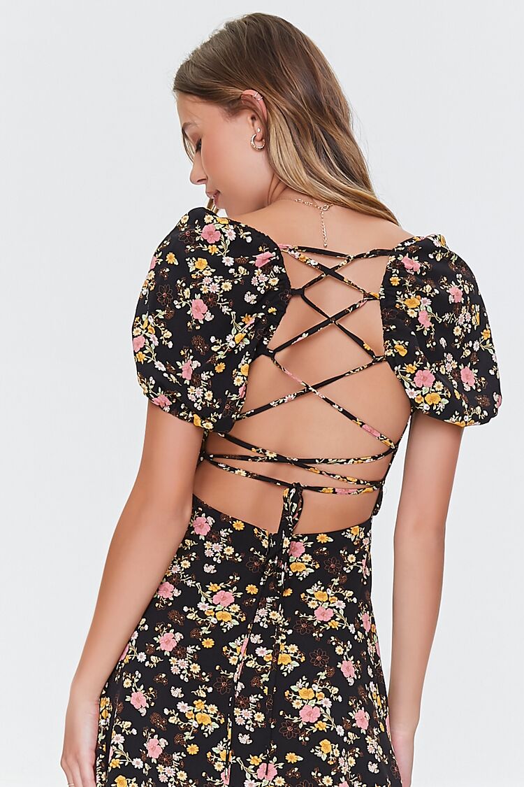 Floral Print Lace-Back Satin Dress