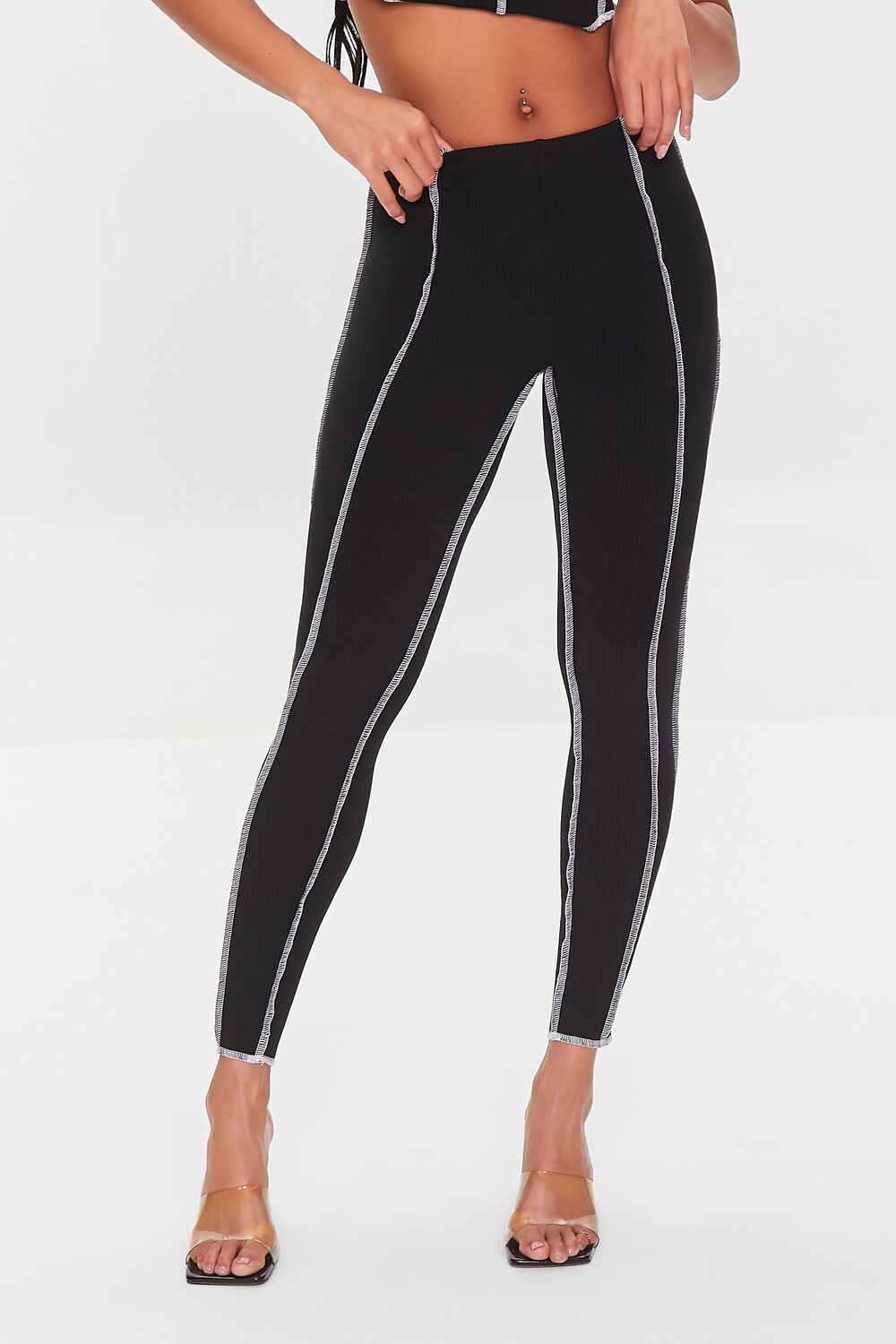 Contrast-Stitch Ribbed Leggings