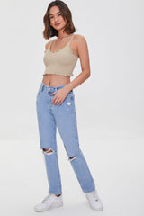 Recycled Cotton Distressed High-Rise Mom Jeans