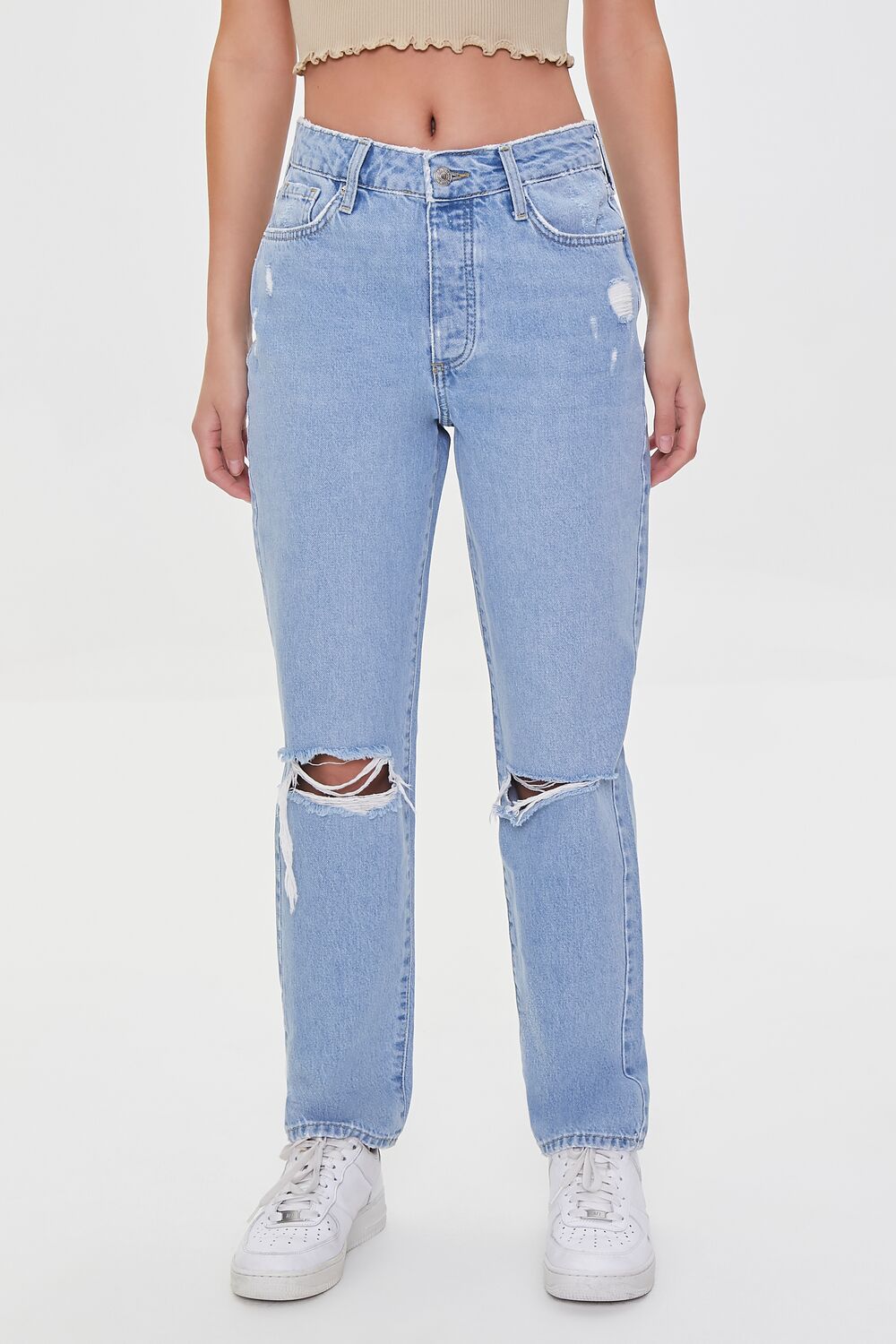 Recycled Cotton Distressed High-Rise Mom Jeans