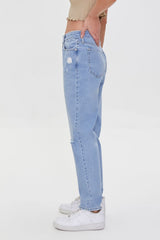 Recycled Cotton Distressed High-Rise Mom Jeans