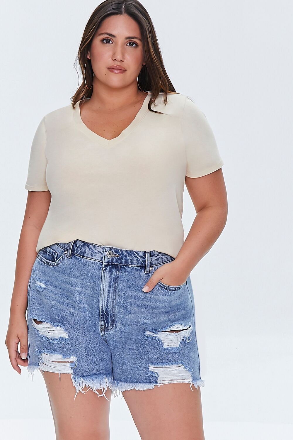 Plus Size Distressed Denim Mom Shorts