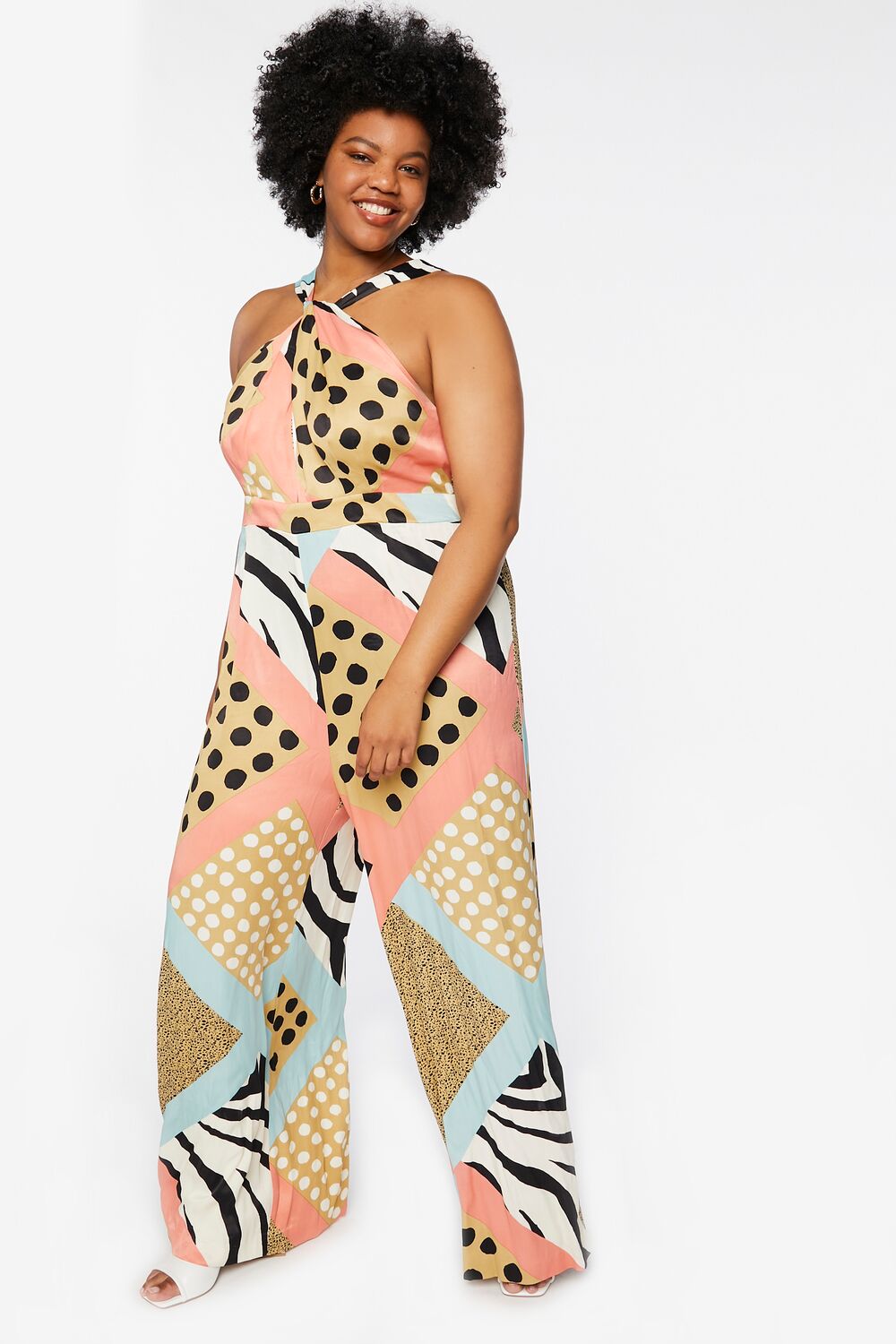 Plus Size Mixed Print Wide-Leg Jumpsuit