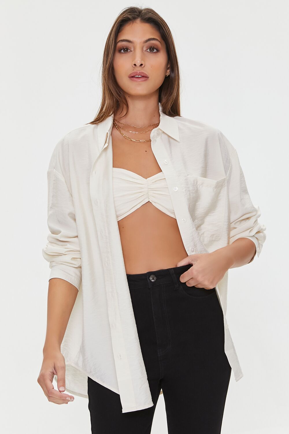 Crepe Button-Front Longline Shirt