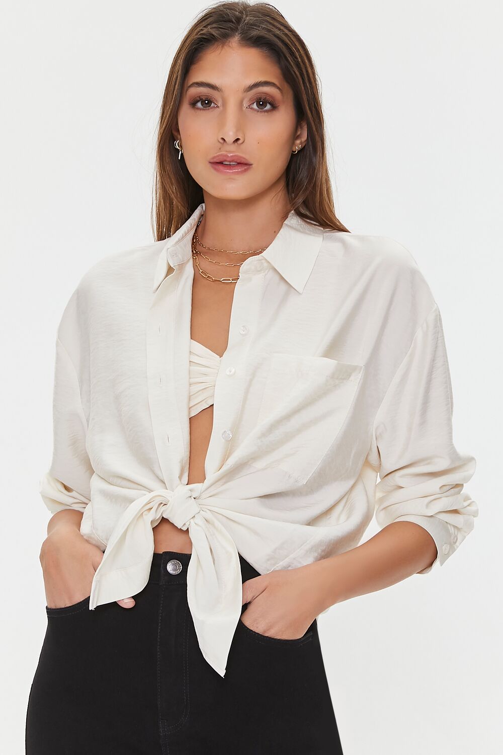 Crepe Button-Front Longline Shirt