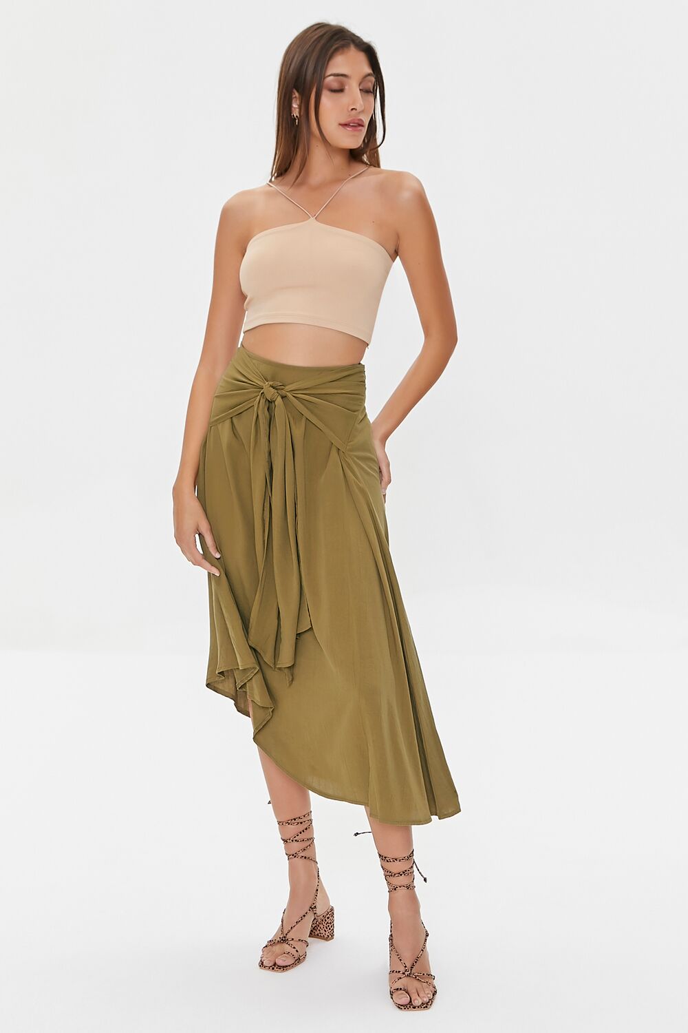 Knotted Sash Flowy Midi Skirt
