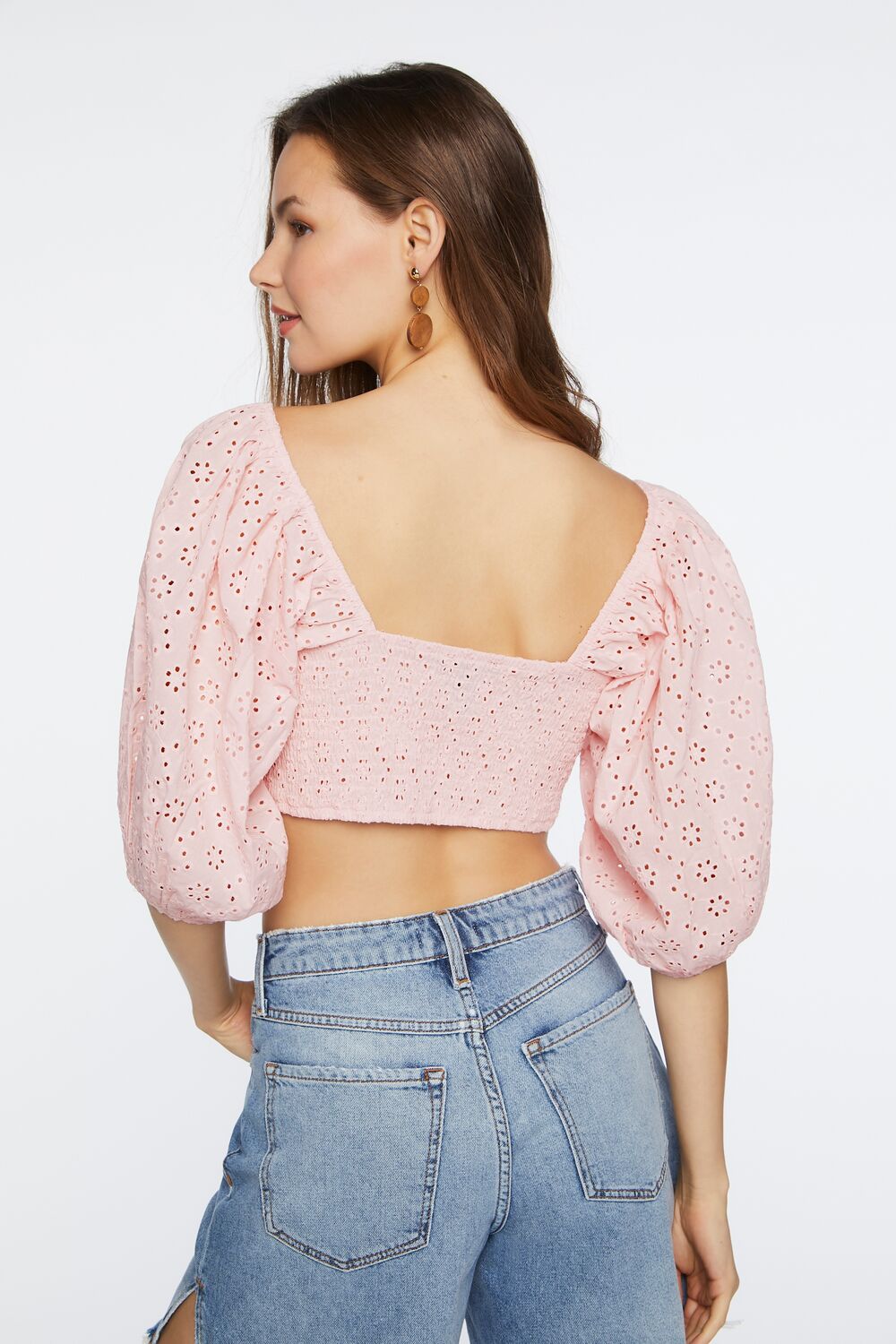Eyelet O-Ring Smocked Crop Top