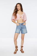 Eyelet O-Ring Smocked Crop Top