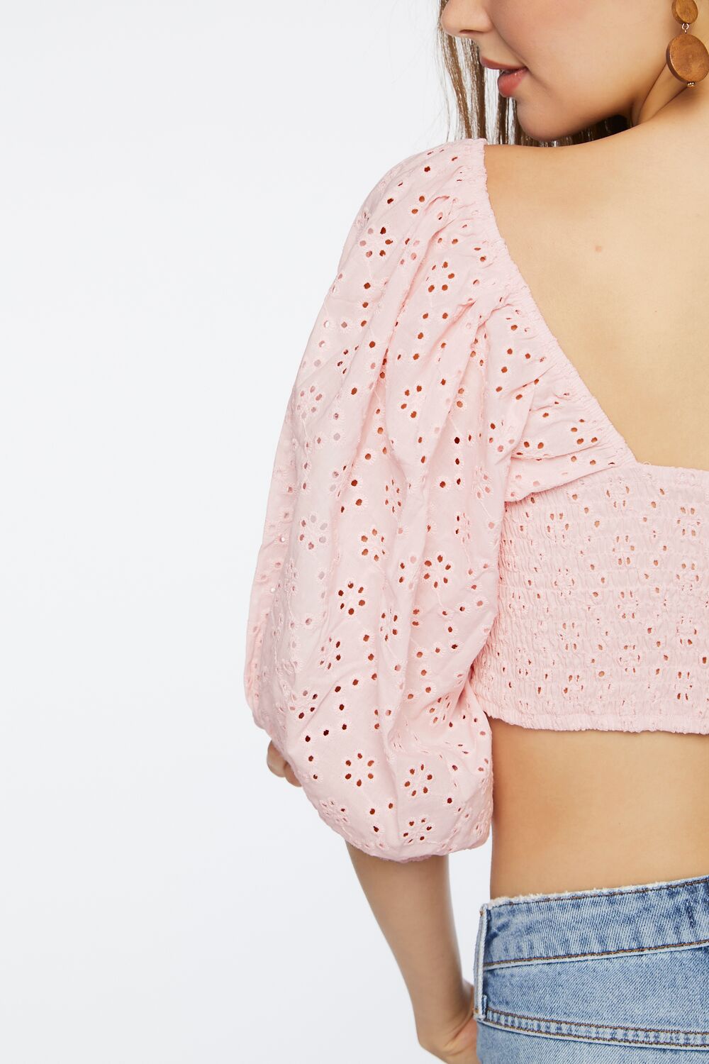 Eyelet O-Ring Smocked Crop Top