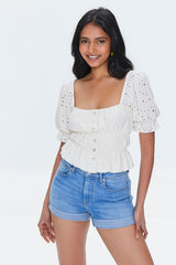 Eyelet Ruffle-Trim Crop Top