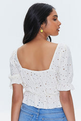 Eyelet Ruffle-Trim Crop Top